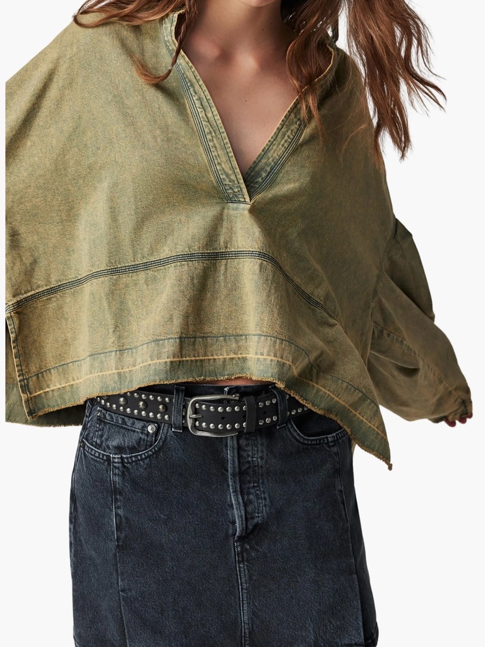 Free People Olive Cropped Denim Top with Studded Belt